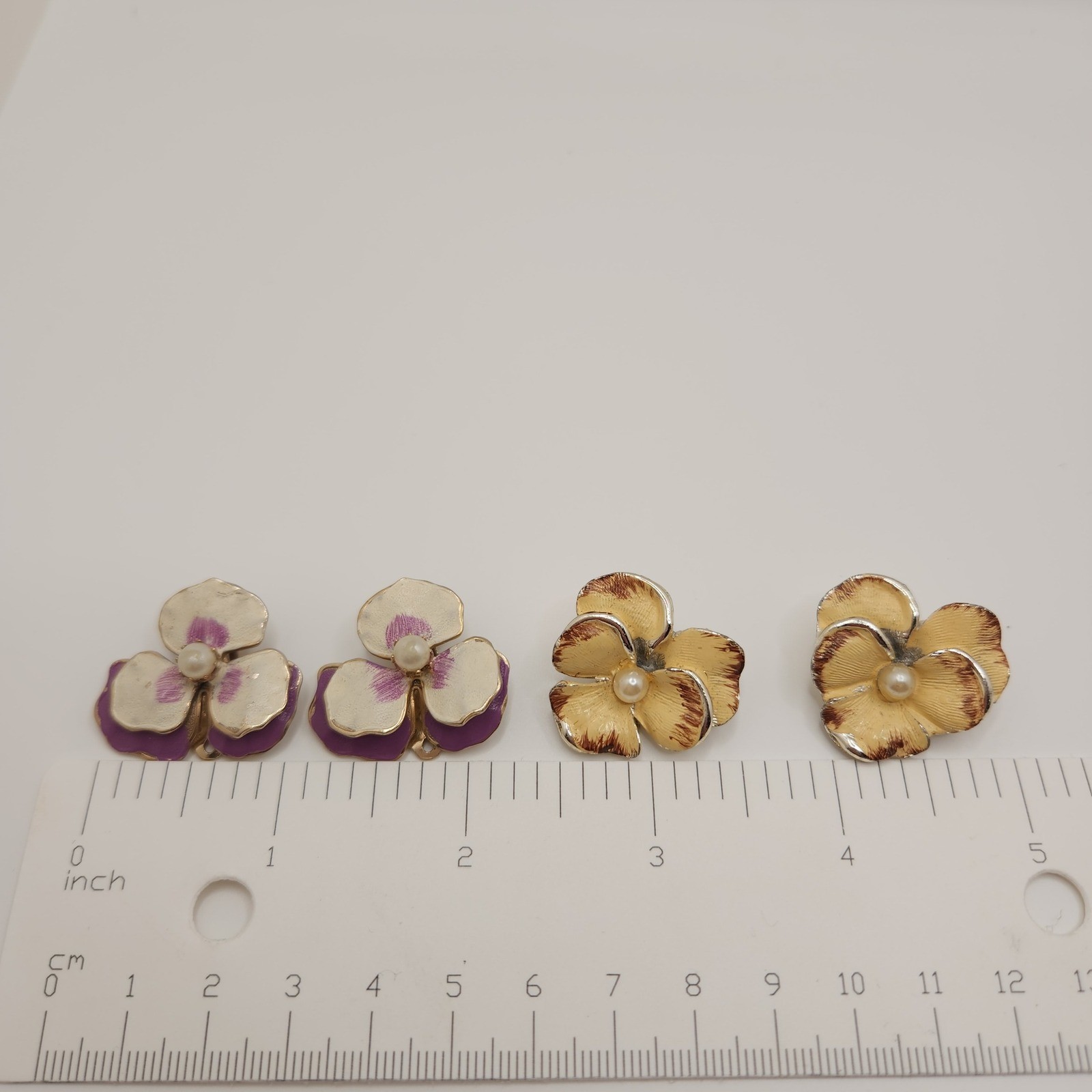 Vintage Enamel Flower Clip On Earrings 2 Pairs Pansy Blossoms Edwardian Style