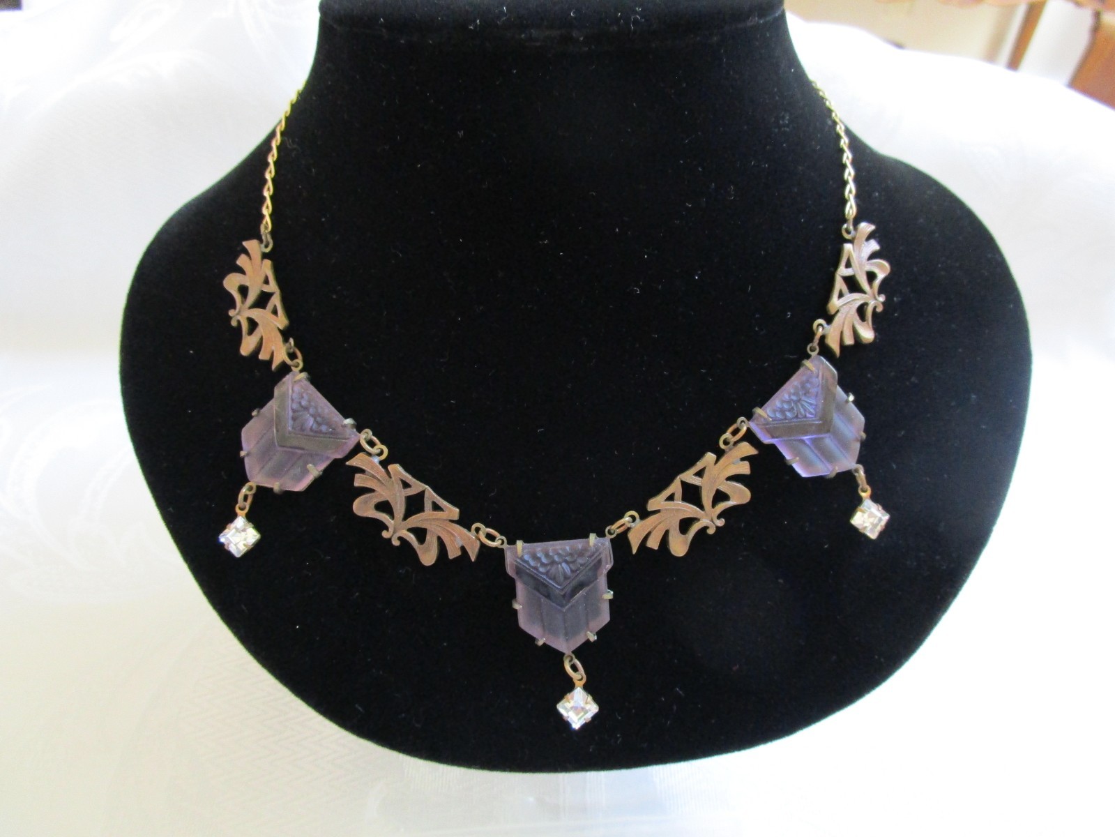 Vintage Glass Works Studio Purple Glass Clear Rhinestone Necklace 19” L Rare
