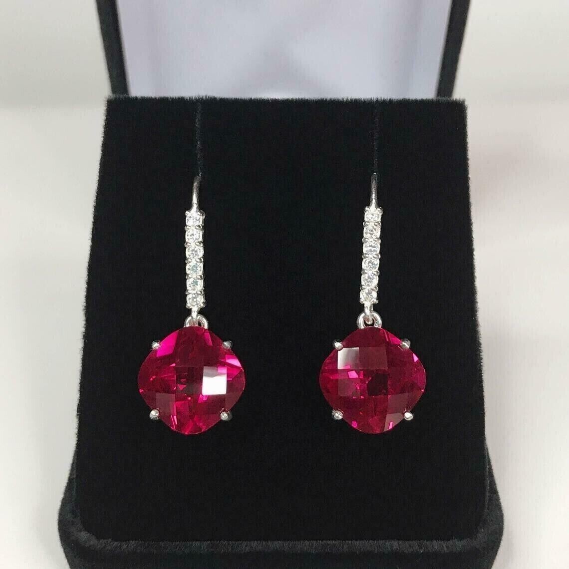 Cushion Cut Ruby & Lab Created Diamond Wedding 14ct White Gold Filled Earrings