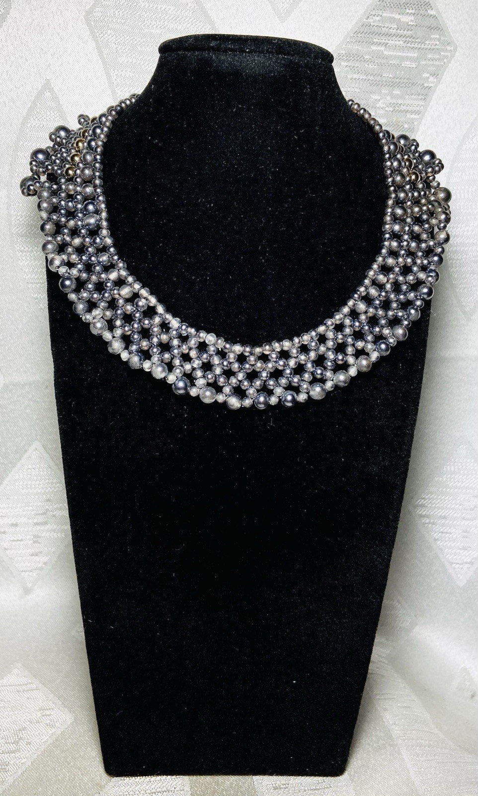 Vintage 1960s Hand Knotted Beaded Collar Necklace Gray Gunmetal Gold Tone Bib