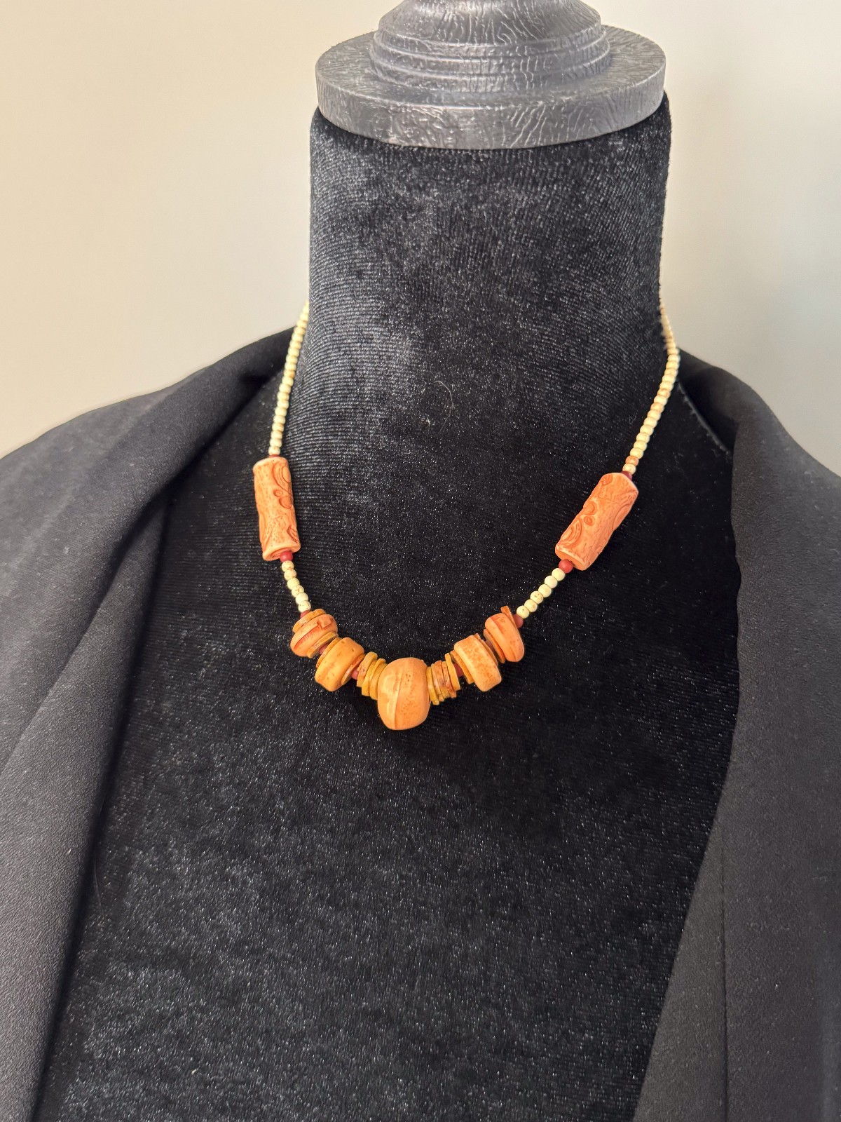 Vintage Boho Carved Clay Terracotta Bead Necklace Tribal Ethnic Earthy Statement