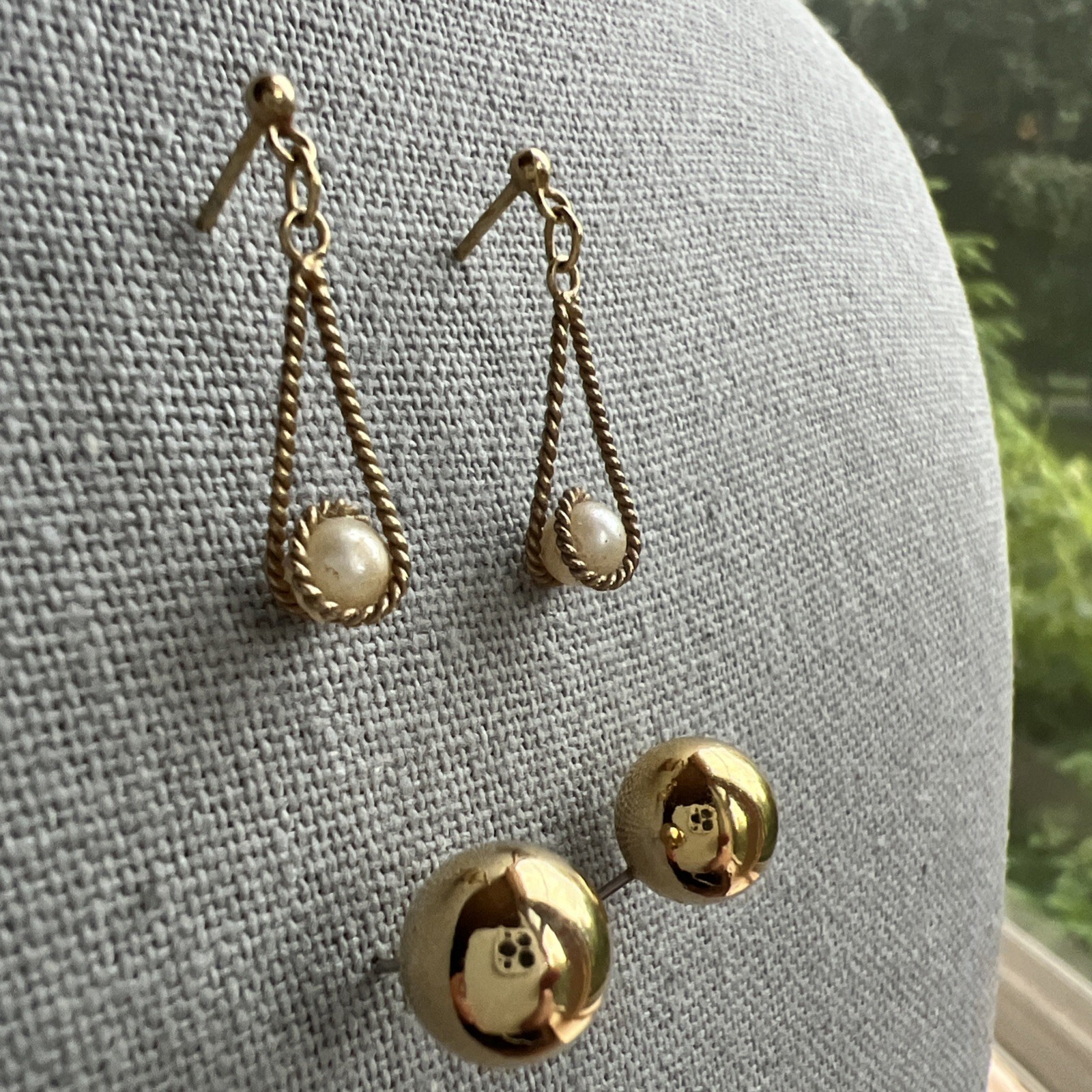 Two Pair Vintage Gold Tone Earrings; Faux Pearl; Gold Tone Ball; Classic!