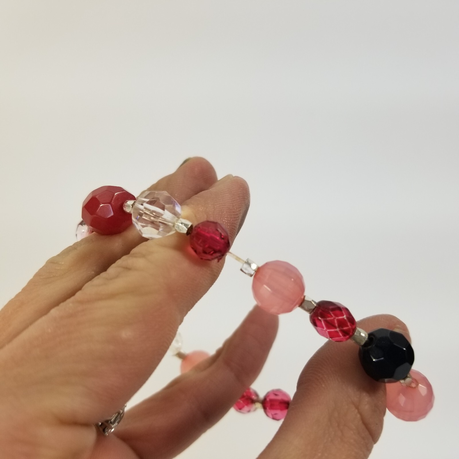 Pink Bead Stretch Bracelet Glass & Lucite SIlver Tone Spacers