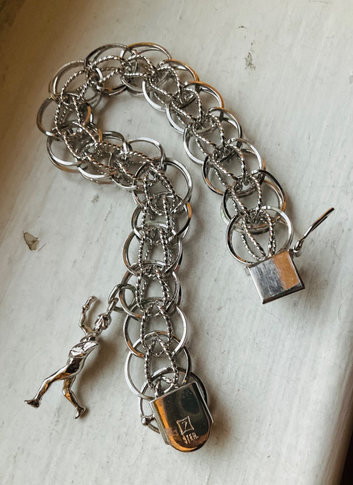 Vintage FORSTNER USA Starter SILVER CHARM BRACELET Wearable 7 1/4” Wide Link #B