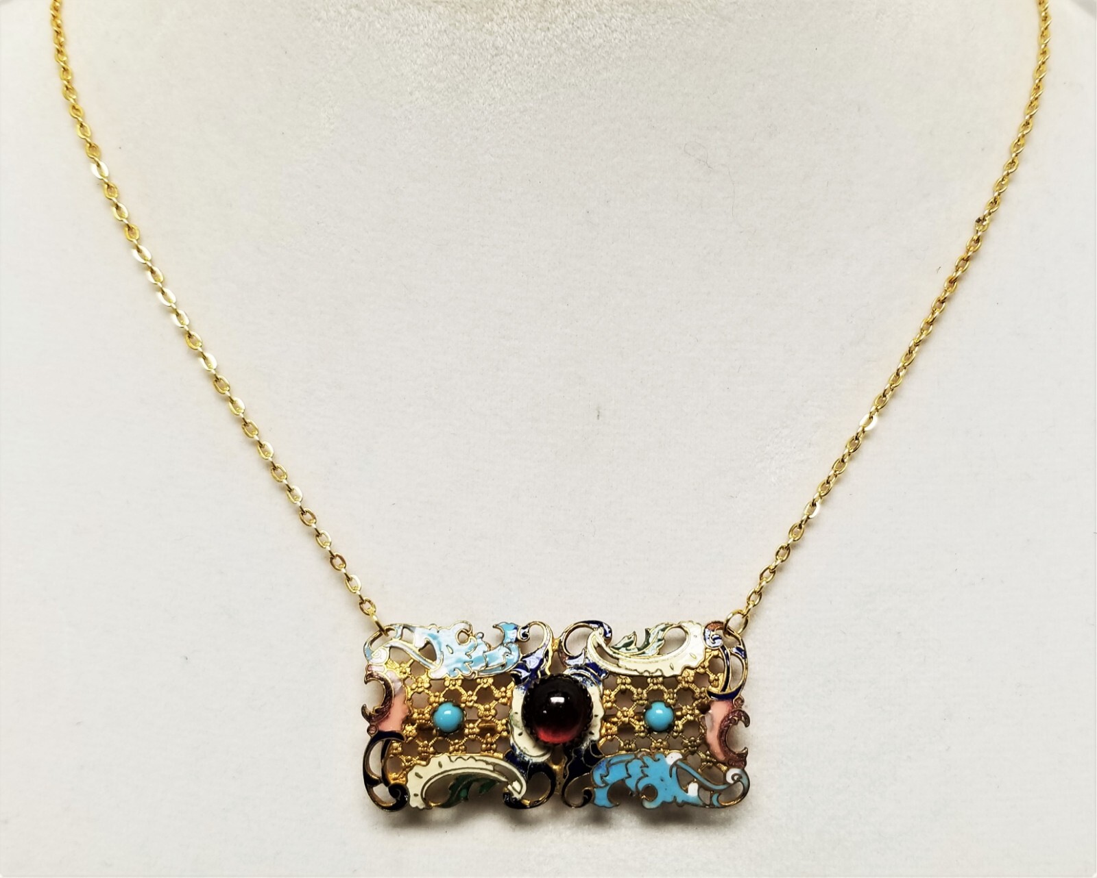 Antique Jeweled Champleve Enamel 1/2 Buckle Repurposed Necklace 19 3/4″