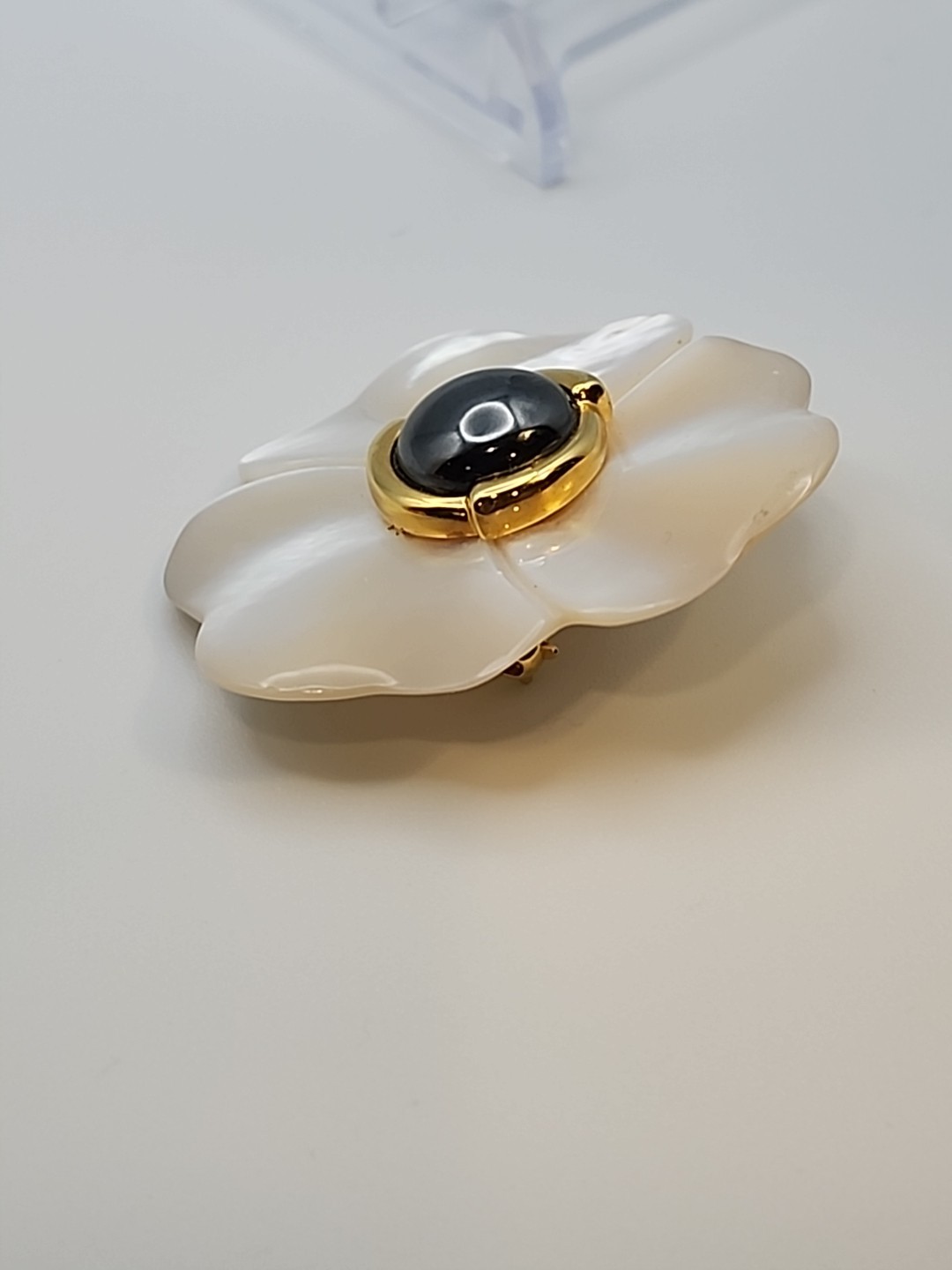 Kai Ying Lo Mother Of Pearl Carved Pin With Hemetite Center