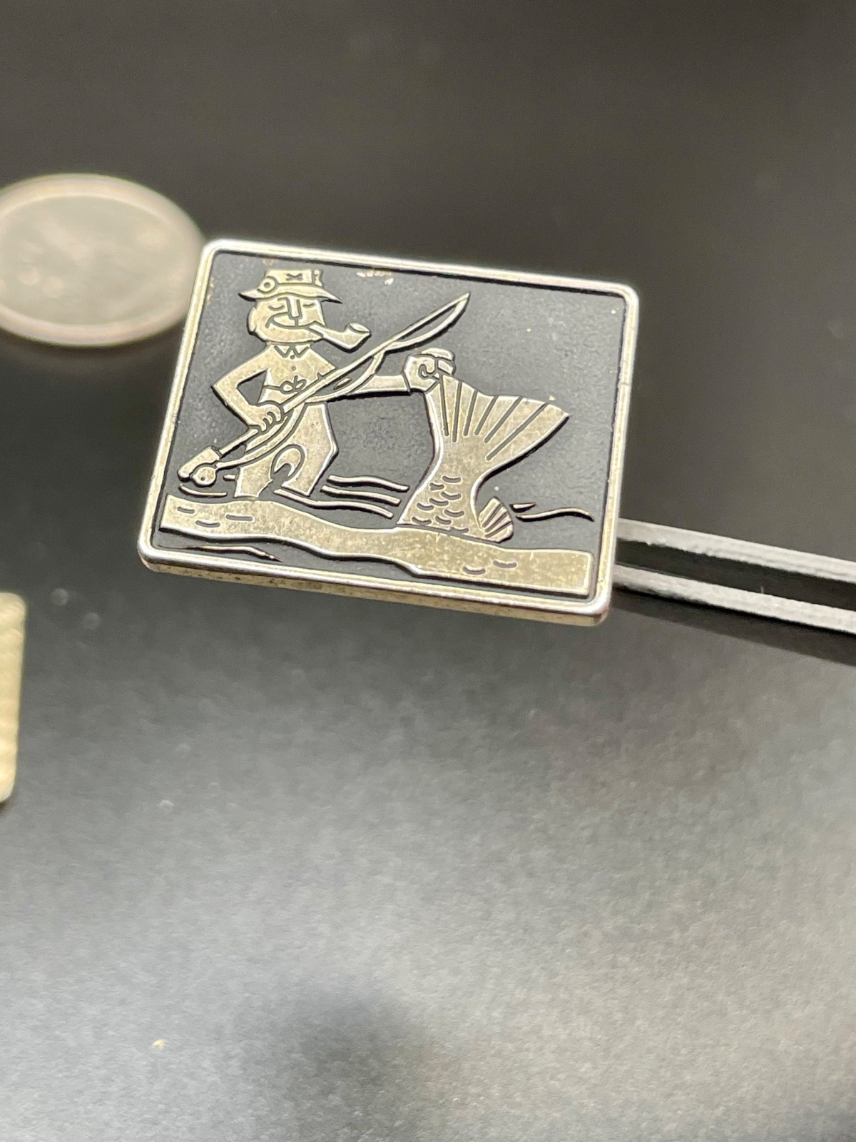 Vintage Fisherman Large Fish Scene Black Enamel Cufflinks Gold Tone Fishing