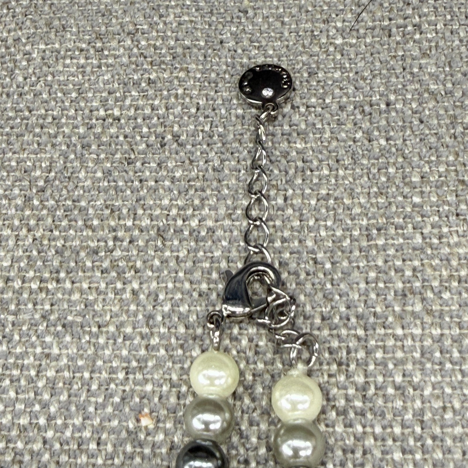 Vintage Coldwater Creek Necklace Gray Imitation Pearl Clear Rhinestone Drop