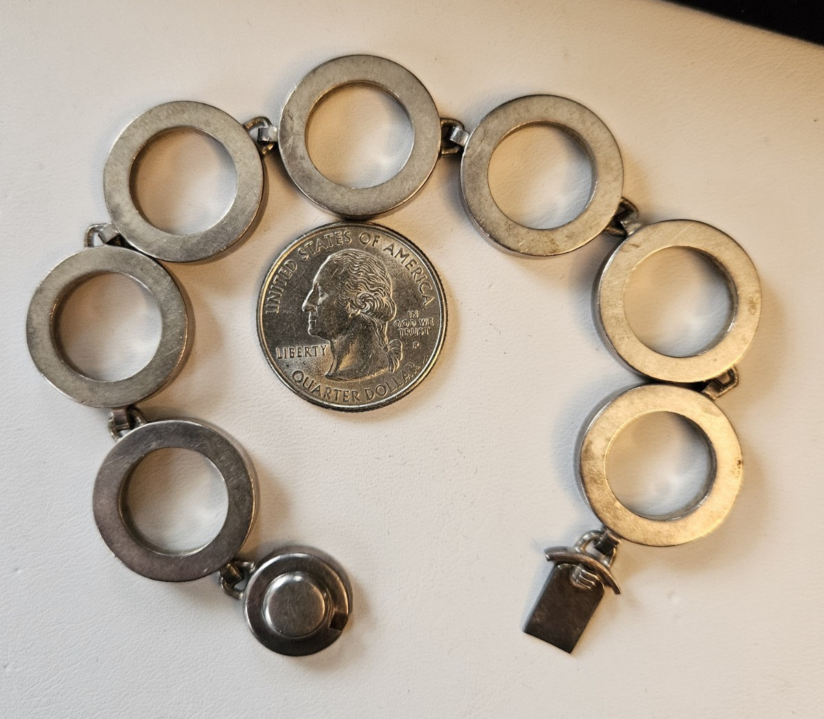 VINTAGE N.E. FROM MODERNIST STERLING SILVER CIRCLE LINK BRACELET 7″ DENMARK