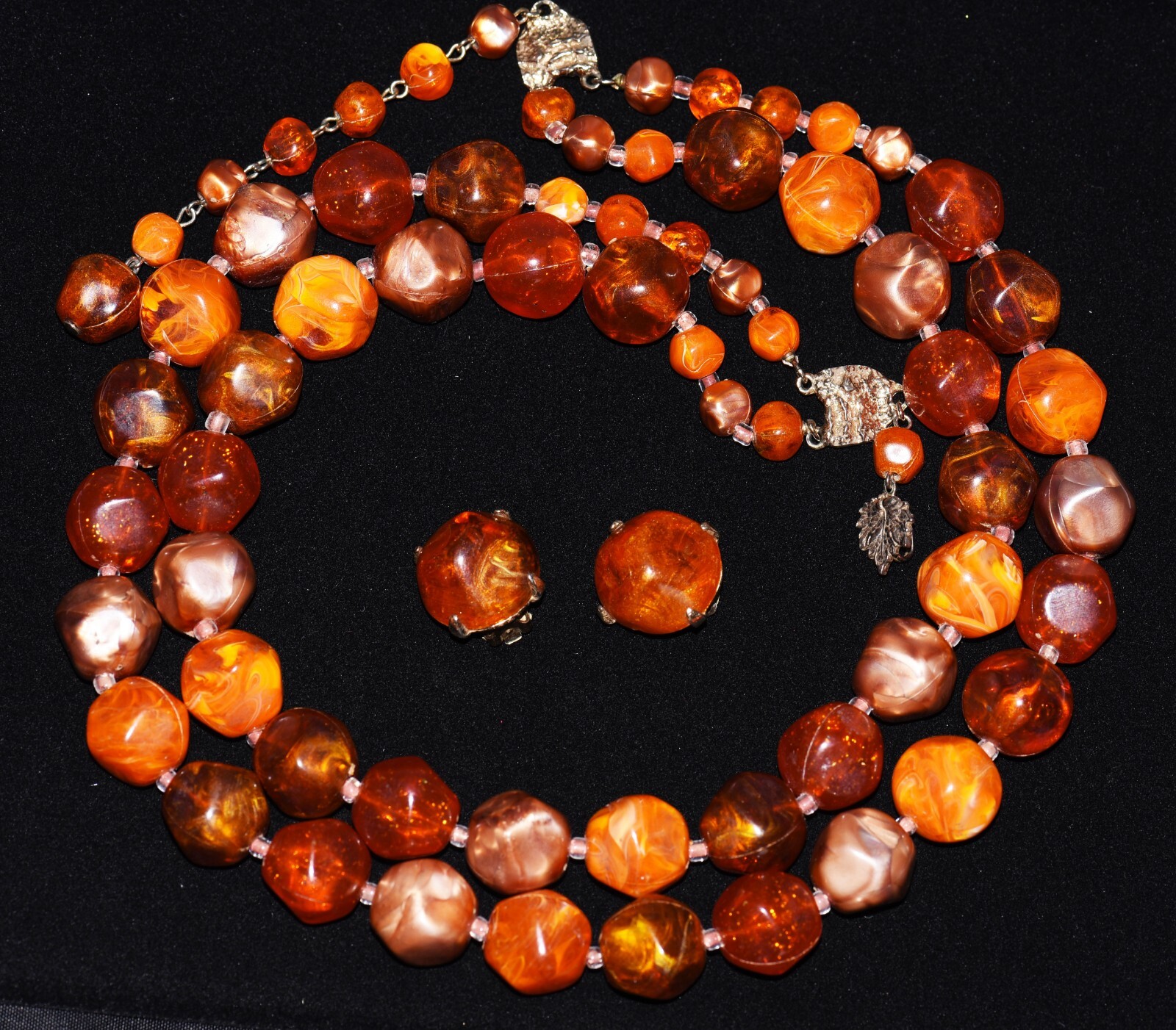ZENTALL Chunky MARBLEIZED Shades of ORANGE Beaded NECKLACE and EARRING SET
