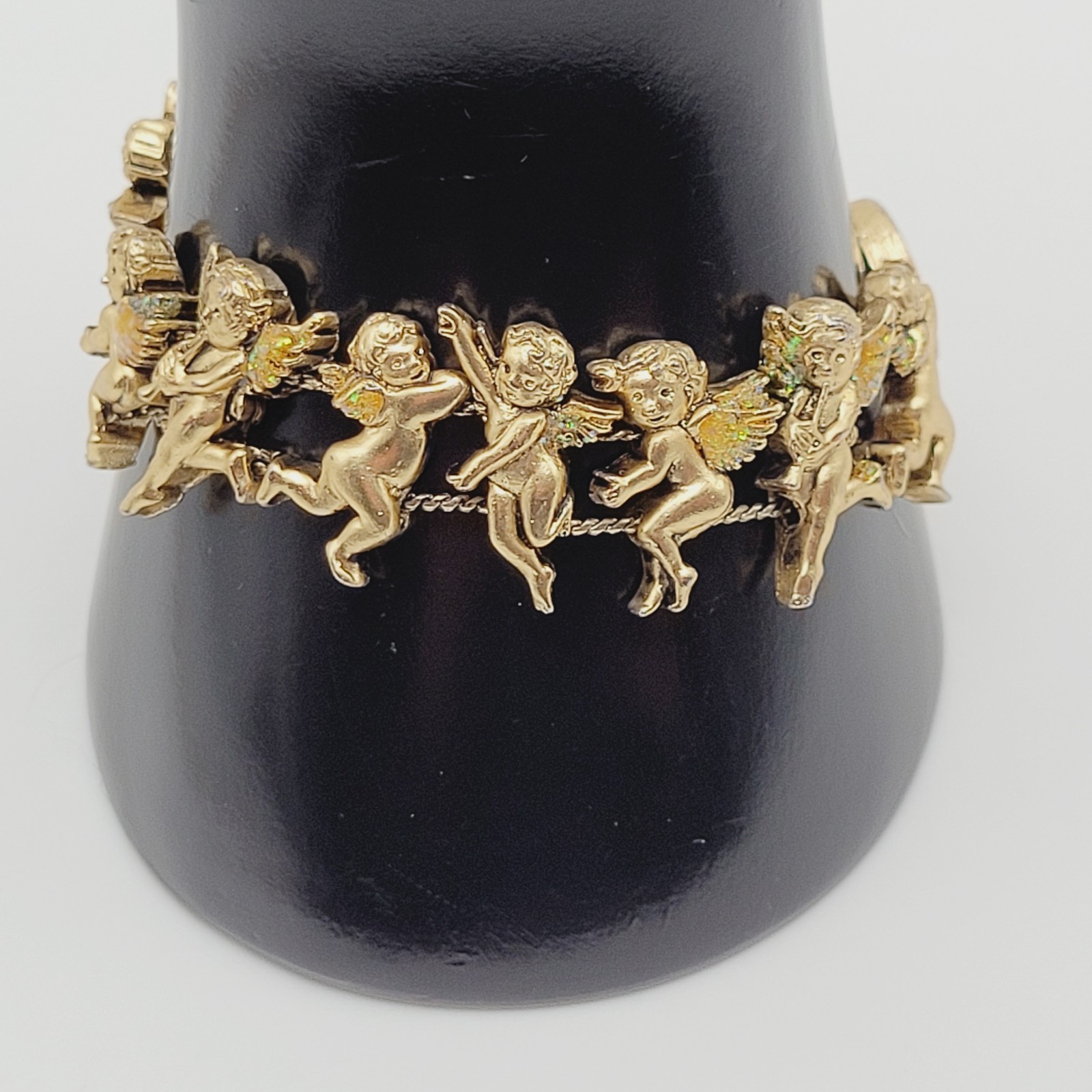 Cherub Angels Iridescent Glitter Wings Gold Tone Vtg Slide Bracelet 7.5 Inch