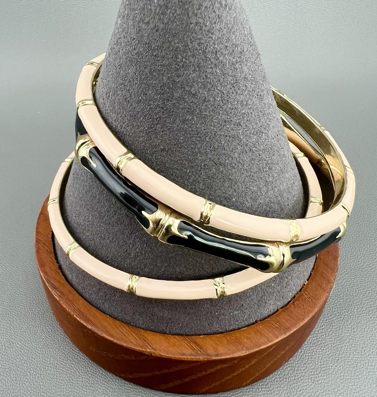 Vintage Bangle Bracelet Lot Bamboo Enamel Gold Tone Pink Black 8”