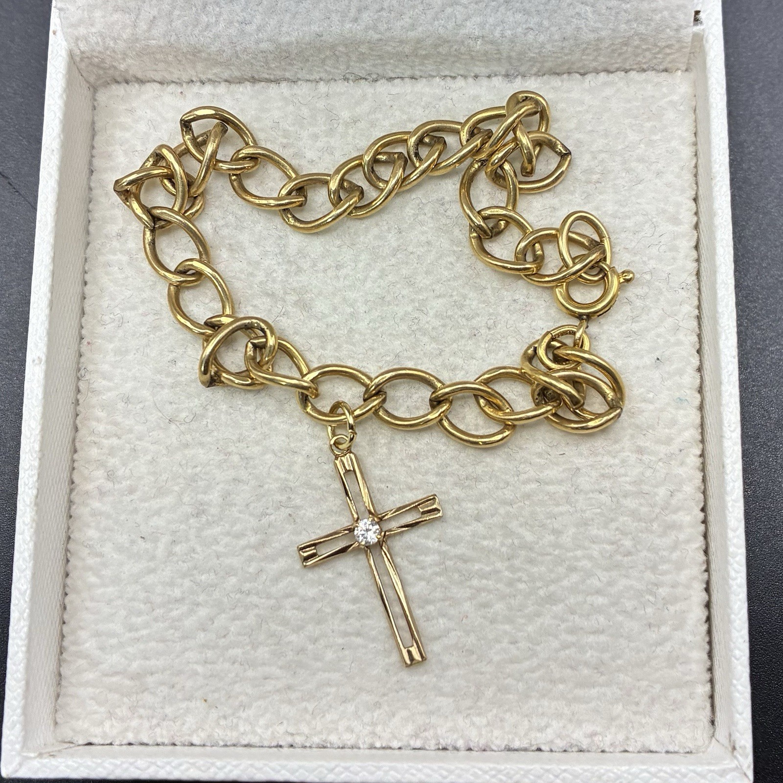 Vintage Estate 12k Gold Filled Starter Charm Bracelet + GF Cross Charm, 8” long