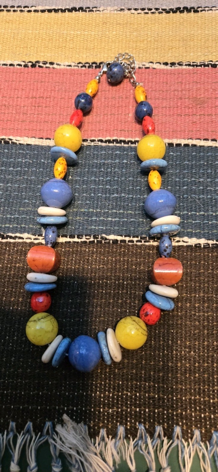 Vintage Acrylic?Glass? Statement 16″ Necklace Blue Yellow Red Lobster Clasp