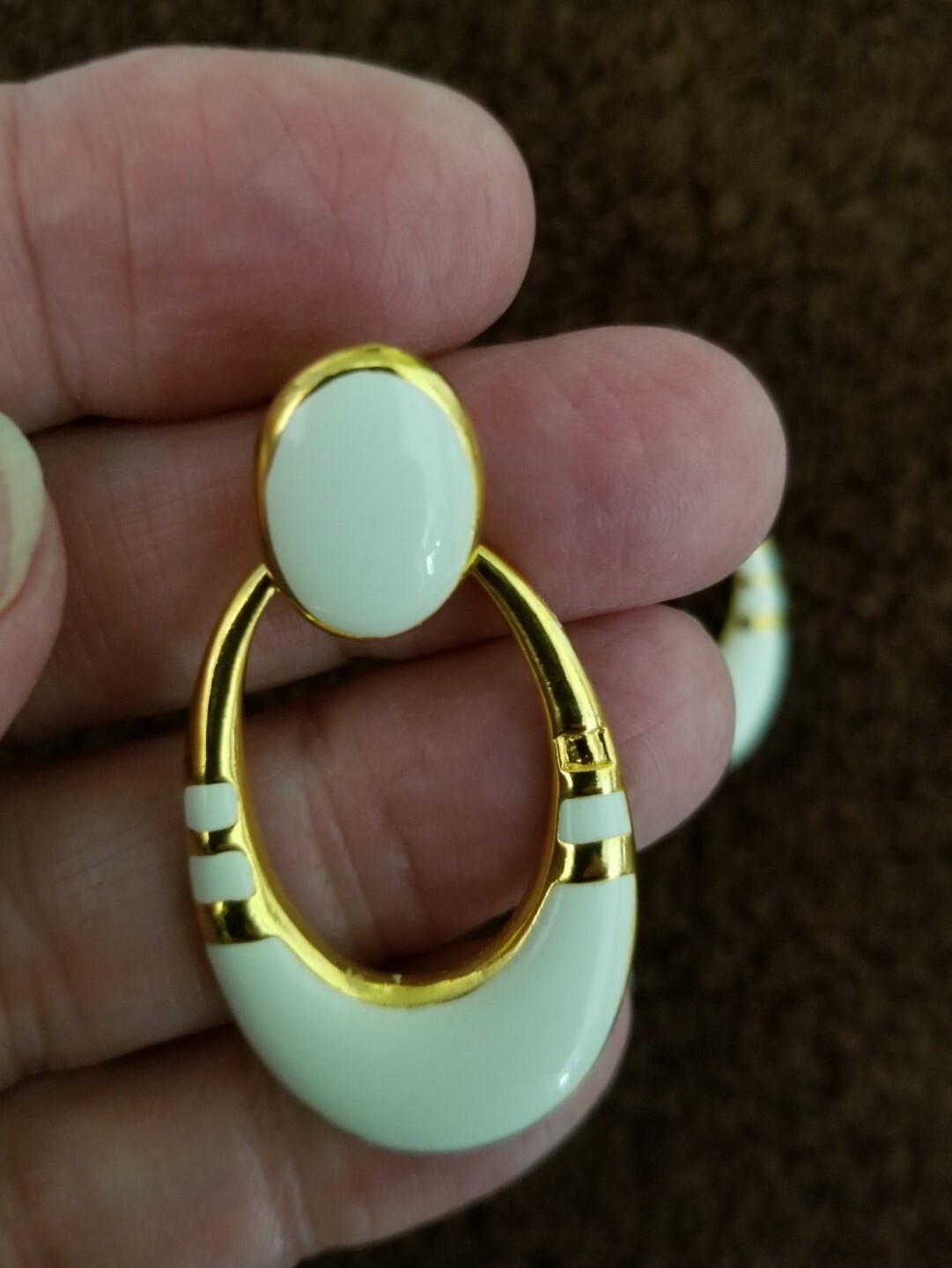 Retro Style Ivory and Gold Enamel Stud Earrings Vintage