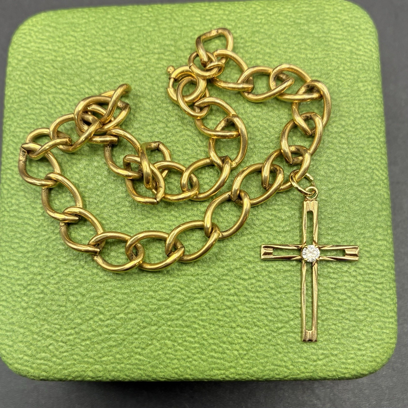 Vintage Estate 12k Gold Filled Starter Charm Bracelet + GF Cross Charm, 8” long