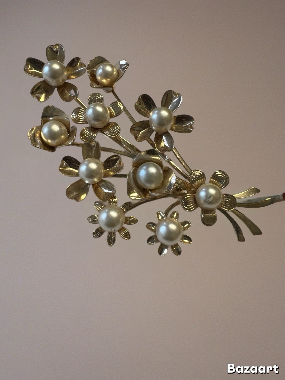 Vtg Statement Gold Tone Faux-Pearl Center Flowers Floral Bouquet Brooch Pin