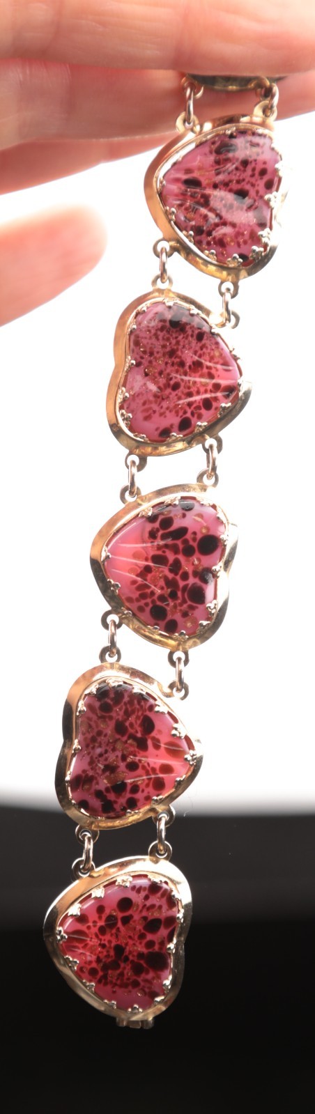 Jewels By Julio Pink Pâte de Verre Gripoix Glass Cabochon Hearts Bracelet 1950s