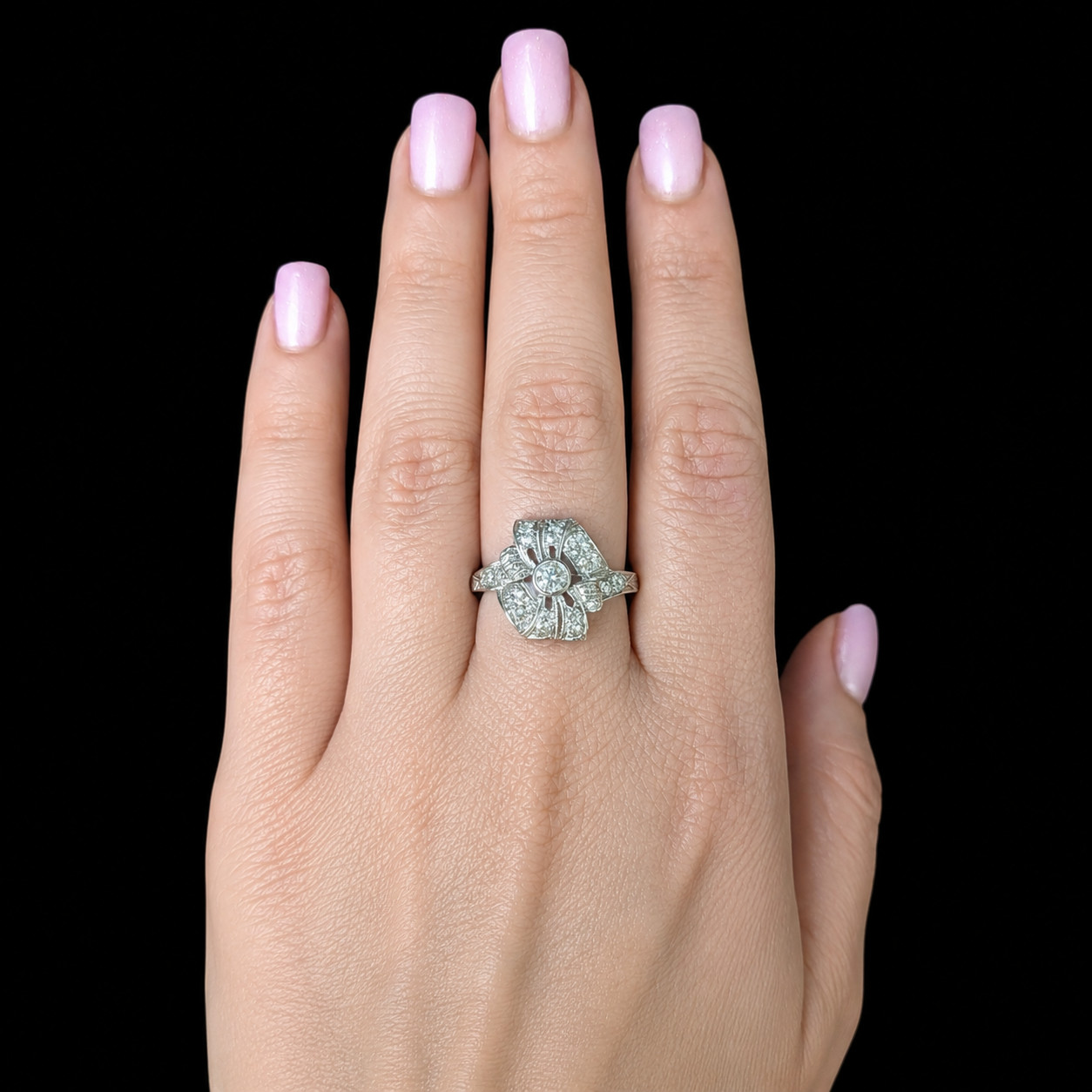 Edwardian Era Old European Cut Diamonds Platinum Cocktail Ring Floral Antique
