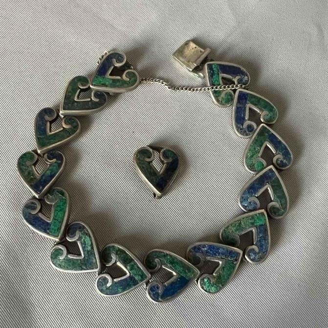Los Castillo Sterling Silver Mosaico Azteca Azurite Bracelet Hearts 7″