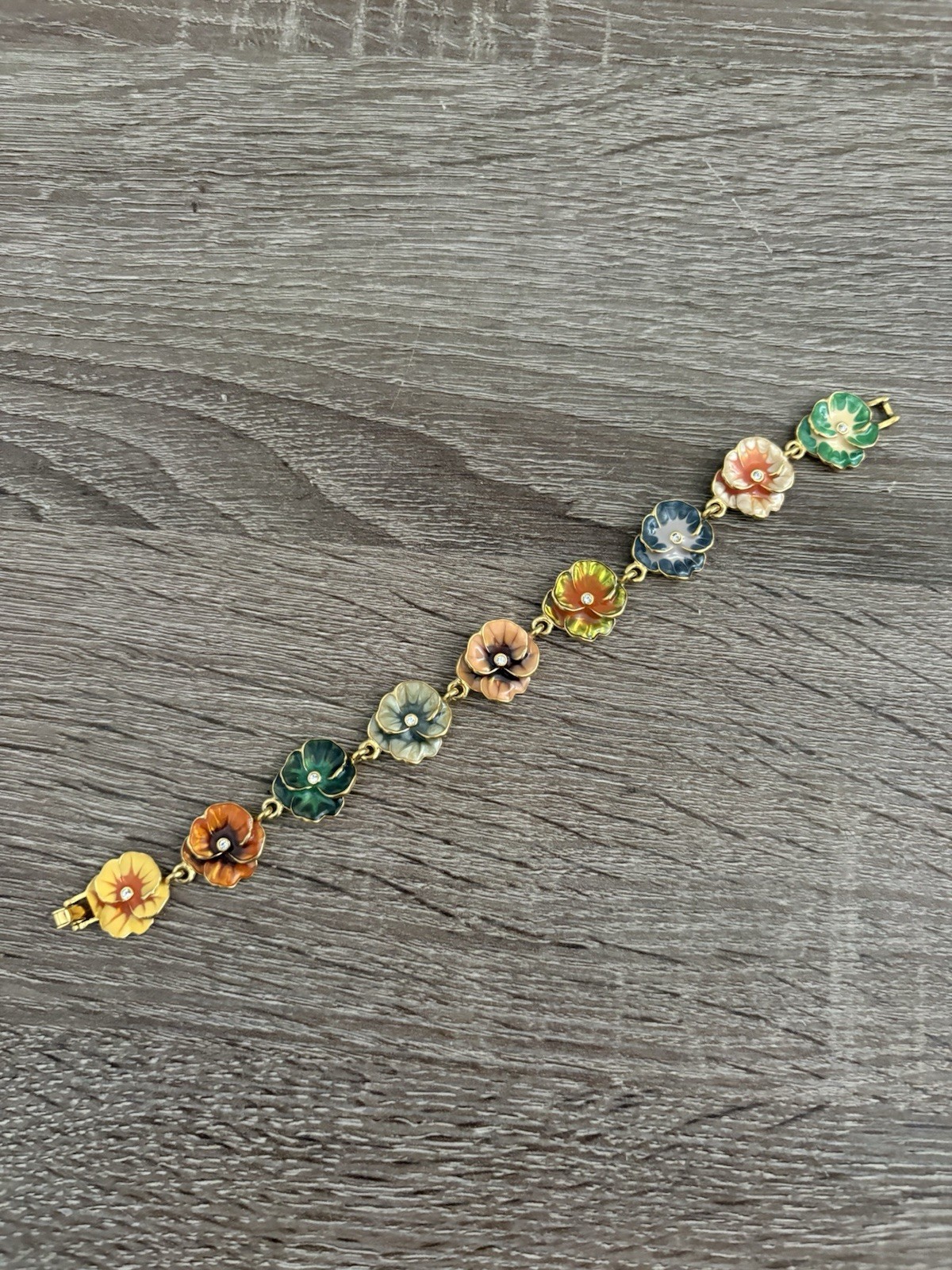 Vintage Joan Rivers Pansy Bracelet Floral Enamel Multicolor Gold Tone