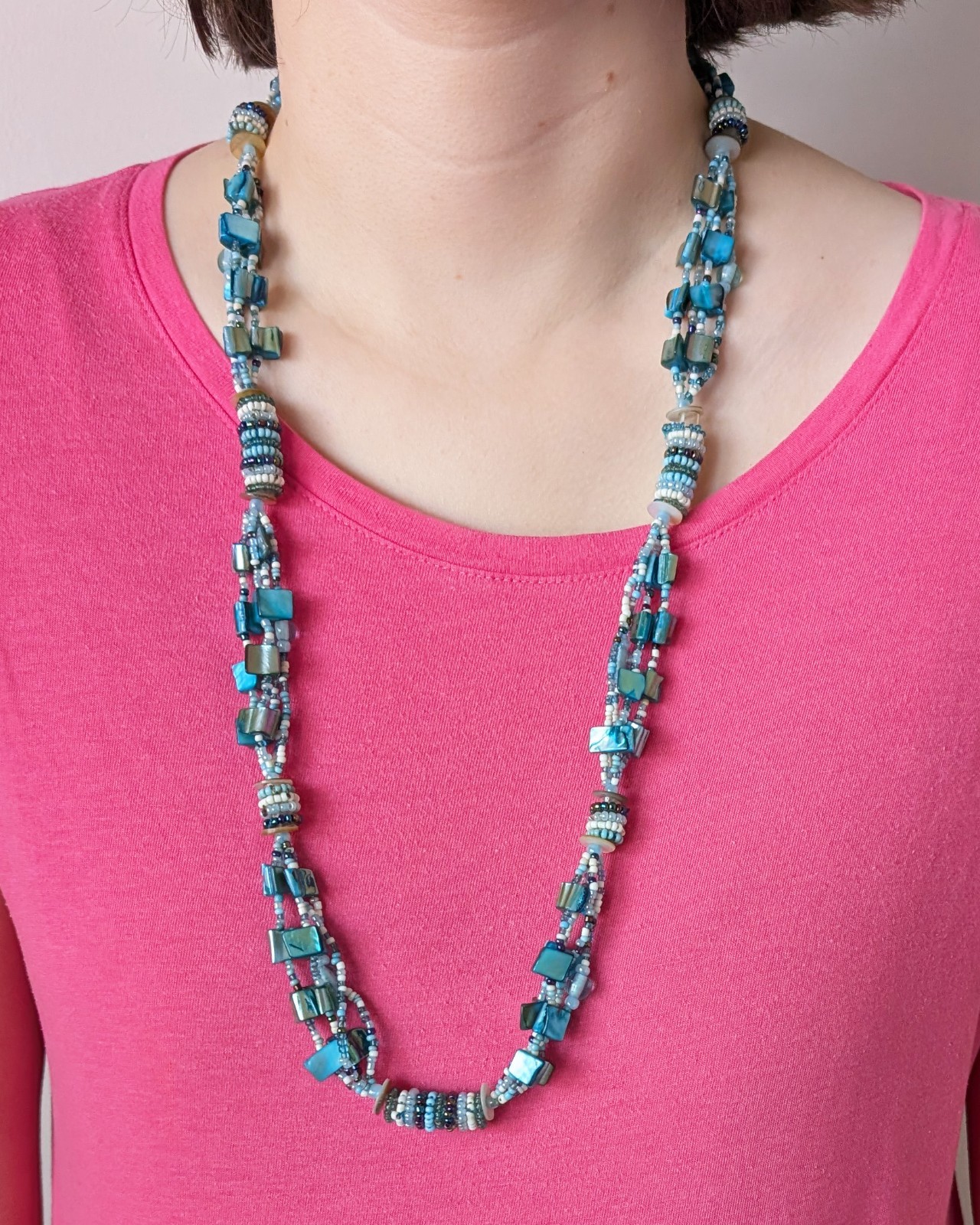 4 Strand Layered Necklace with Blue Dyed Abalone MOP and Glass Beads 30.5 inches