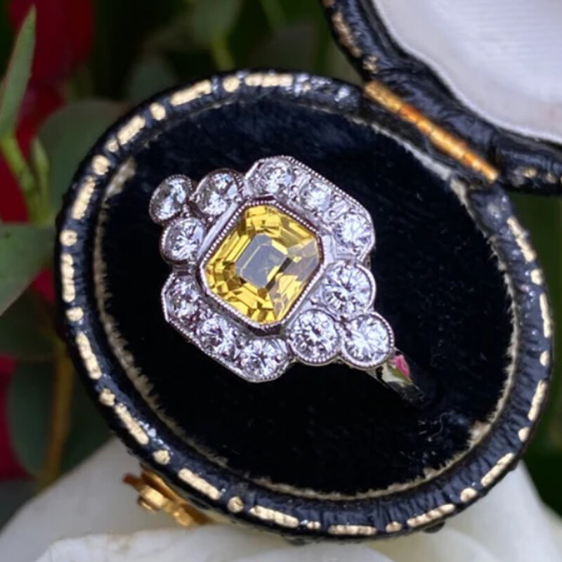 2.50 Ctw Yellow Asscher Cut CZ Art Deco Style Engagement Wedding 925 Silver Ring