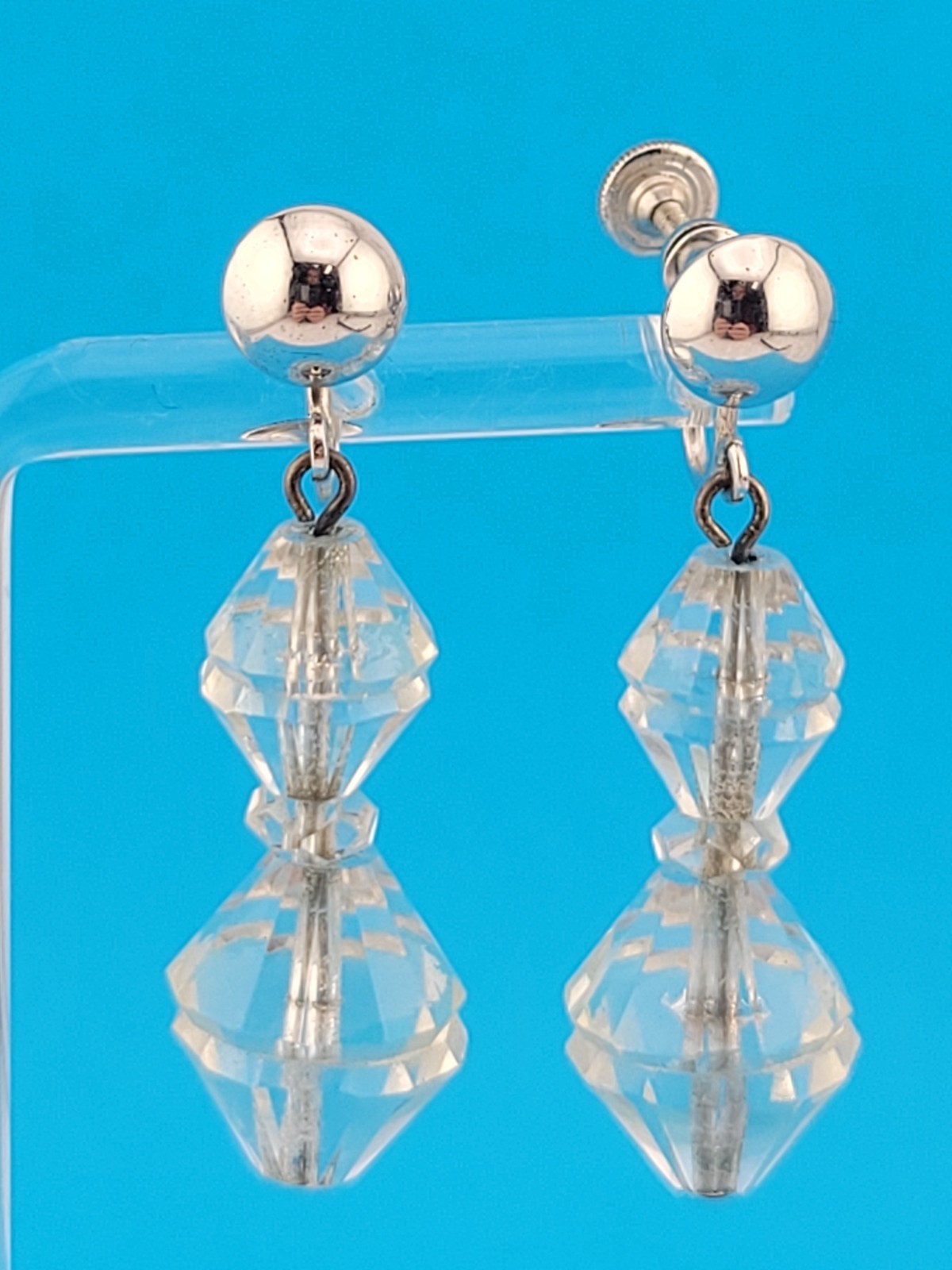 Signed BB Faceted Rock Quartz Crystal Bead Sterling Silver Chandelier Earrings