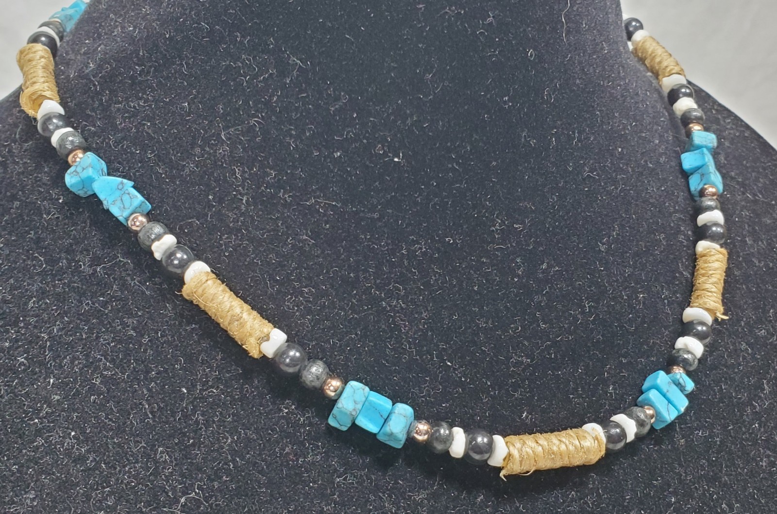 Vtg Panama Jack Southwest Hemp, Turquoise, Black & White Beads Necklace