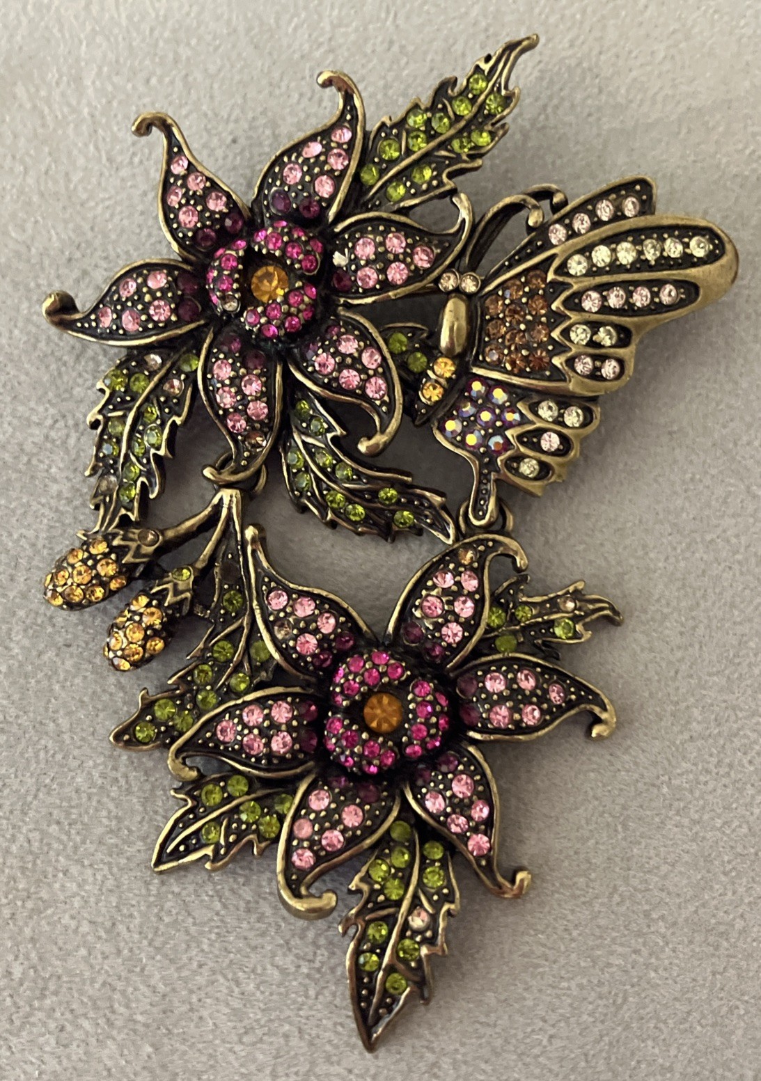 LaVintage Hinged Antiqued Goldtone Metal Flower/ Butterfly Brooch Or Pendant