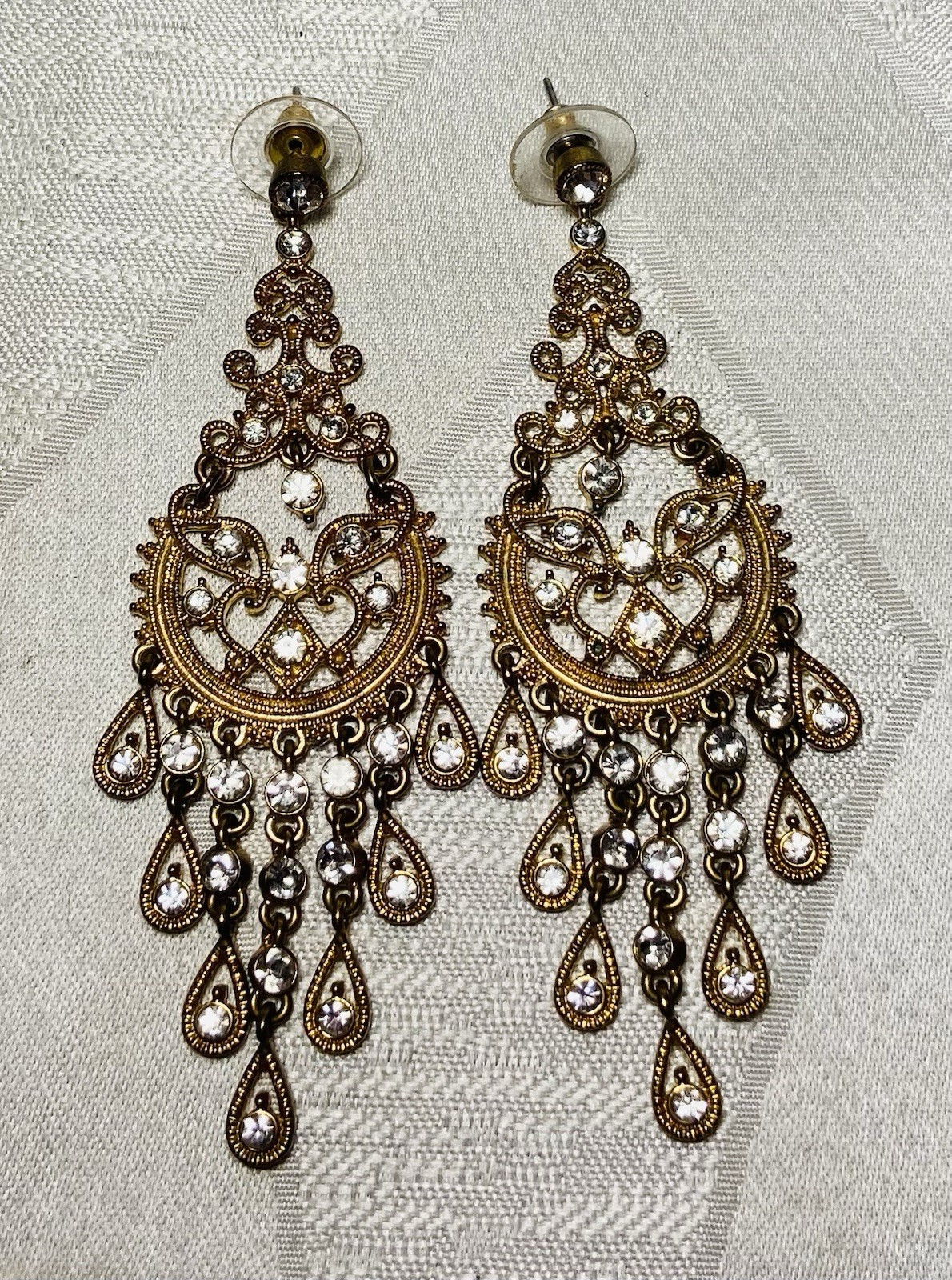 Vintage Style Filigree Chandelier Earrings Gold Tone Rhinestone Dangle 3” Glam