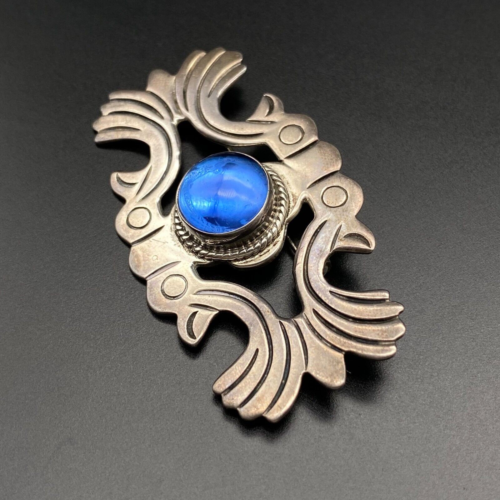 Vintage Mexico Icuala Blue Glass Sterling Silver Pin Brooch