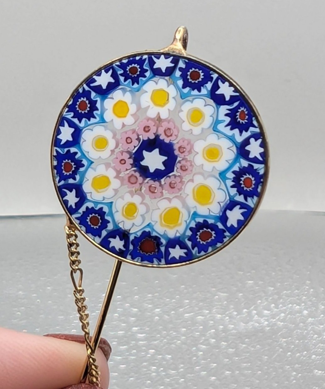 Vintage Italian Millefiori Glass Stick Pin With Gold-Tone Chain & Safety Clasp F