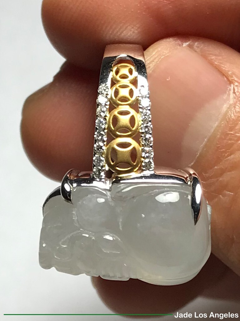 Pi Xiu Pixiu Icy Jadeite Jade 18K White/Rose Gold Diamond Ring 45ct Size:7.5