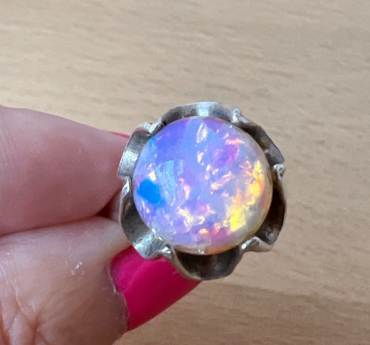 VINTAGE LARGE ROUND CABOCHON FAUX RAINBOW OPAL RING 925 STERLING SLVER MEXICO