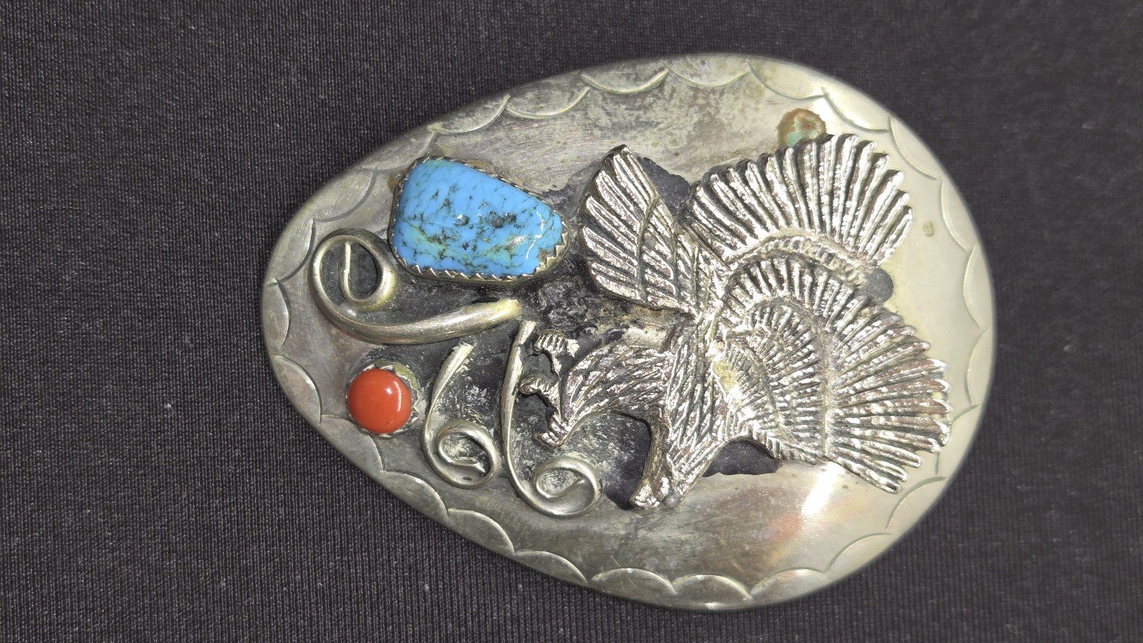 Vntg NAVAJO STERLING Silver Bolo Tie Attacking Eagle With TURQUOISE & Red CORAL