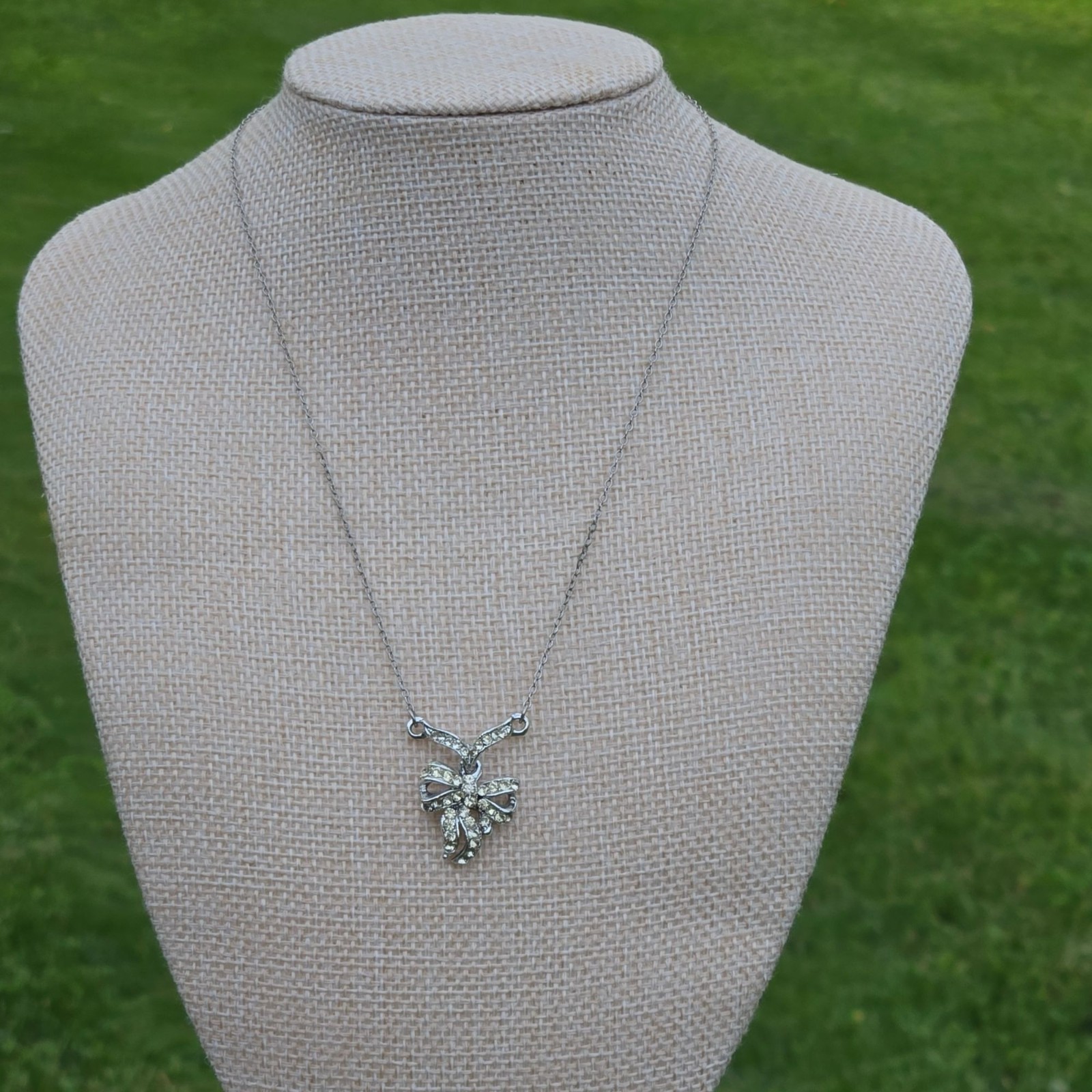 VTG Sterling Silver Bow Pendant Necklace Rhinestones Chain Elegant Jewelry Gift