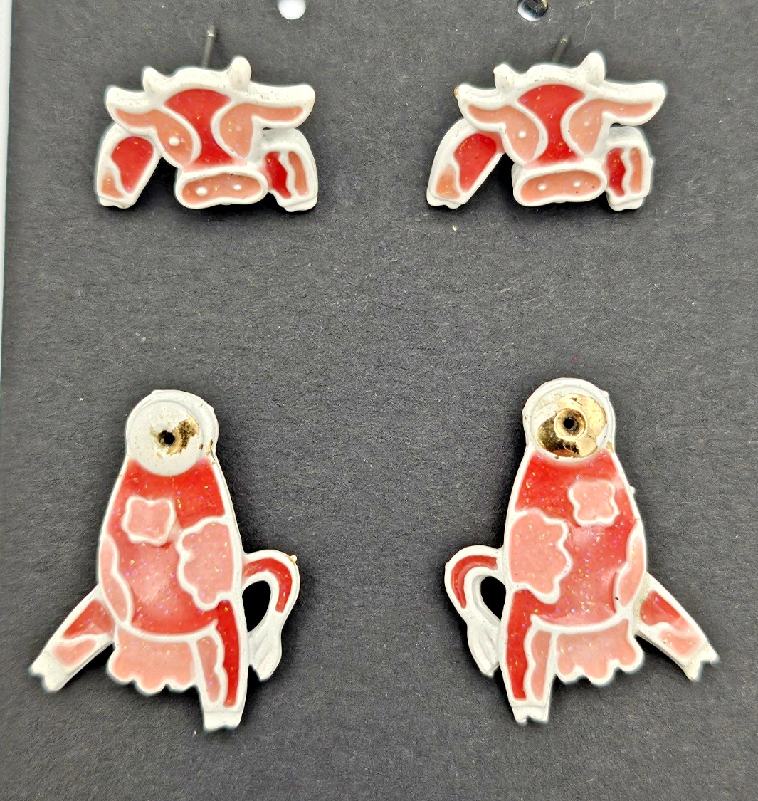 Vintage Red White Enamel Cow Earrings Pierced Novelty Western Farm Animal