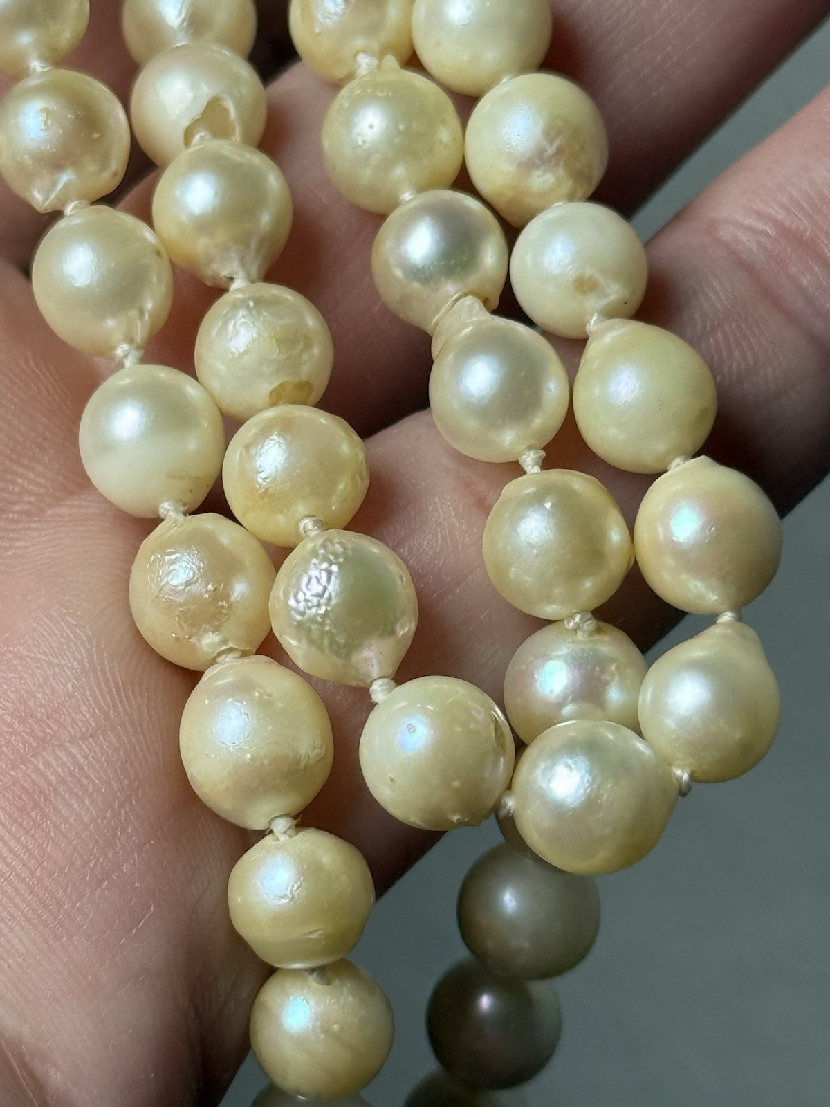 Vtg Art Deco Sterling Silver Pearl Clasp Baroque Akoya Hand Knotted Necklace 25”