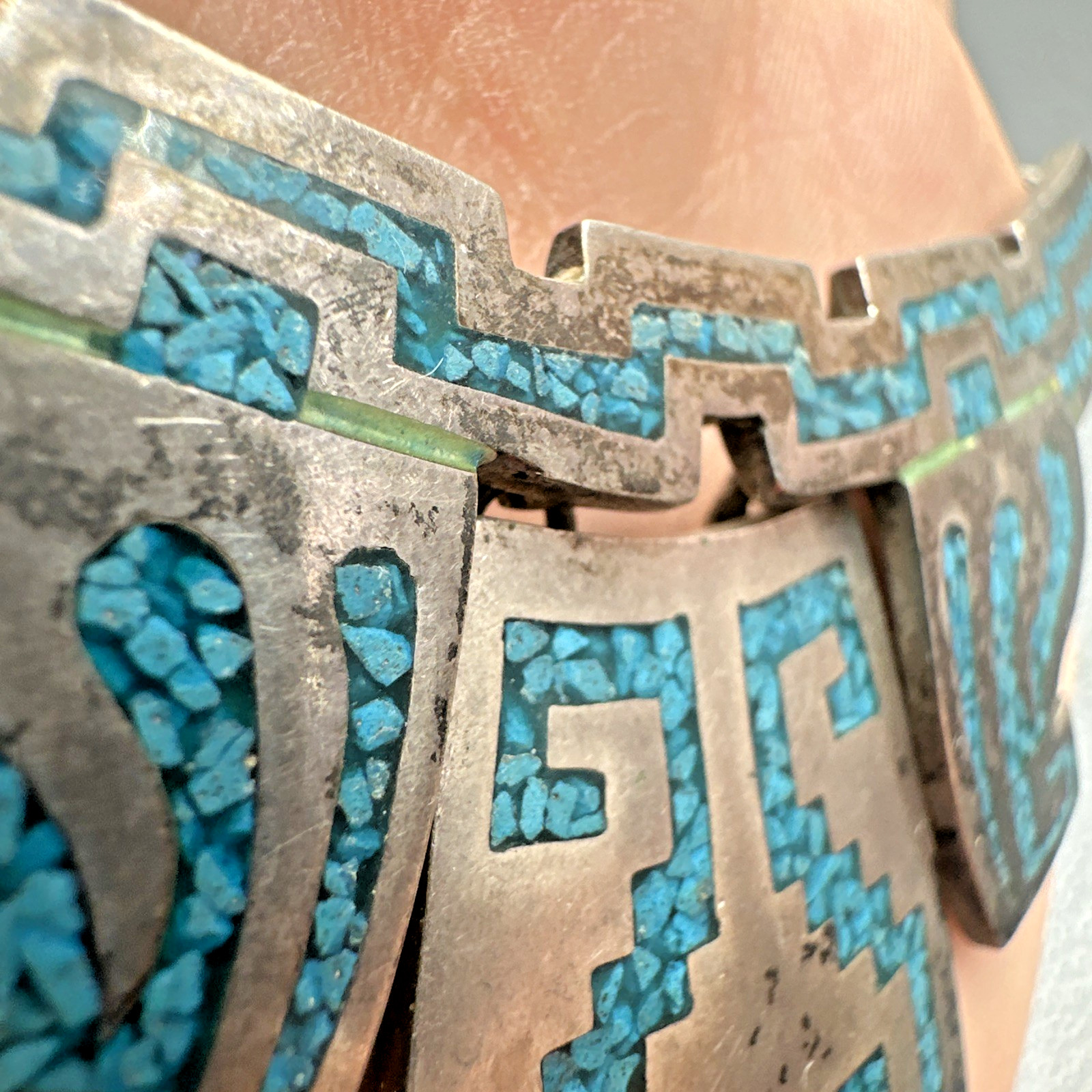 Vtg Taxco Sterling Turquoise Chip Inlay Panel Necklace 16.5″ 91.5g Signed PVB