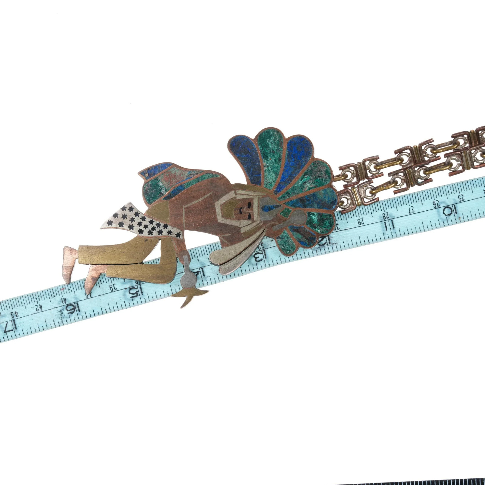 Large Los Castillo Mixed Metals Chrysocolla inlay Aztec Shaman pendant necklace
