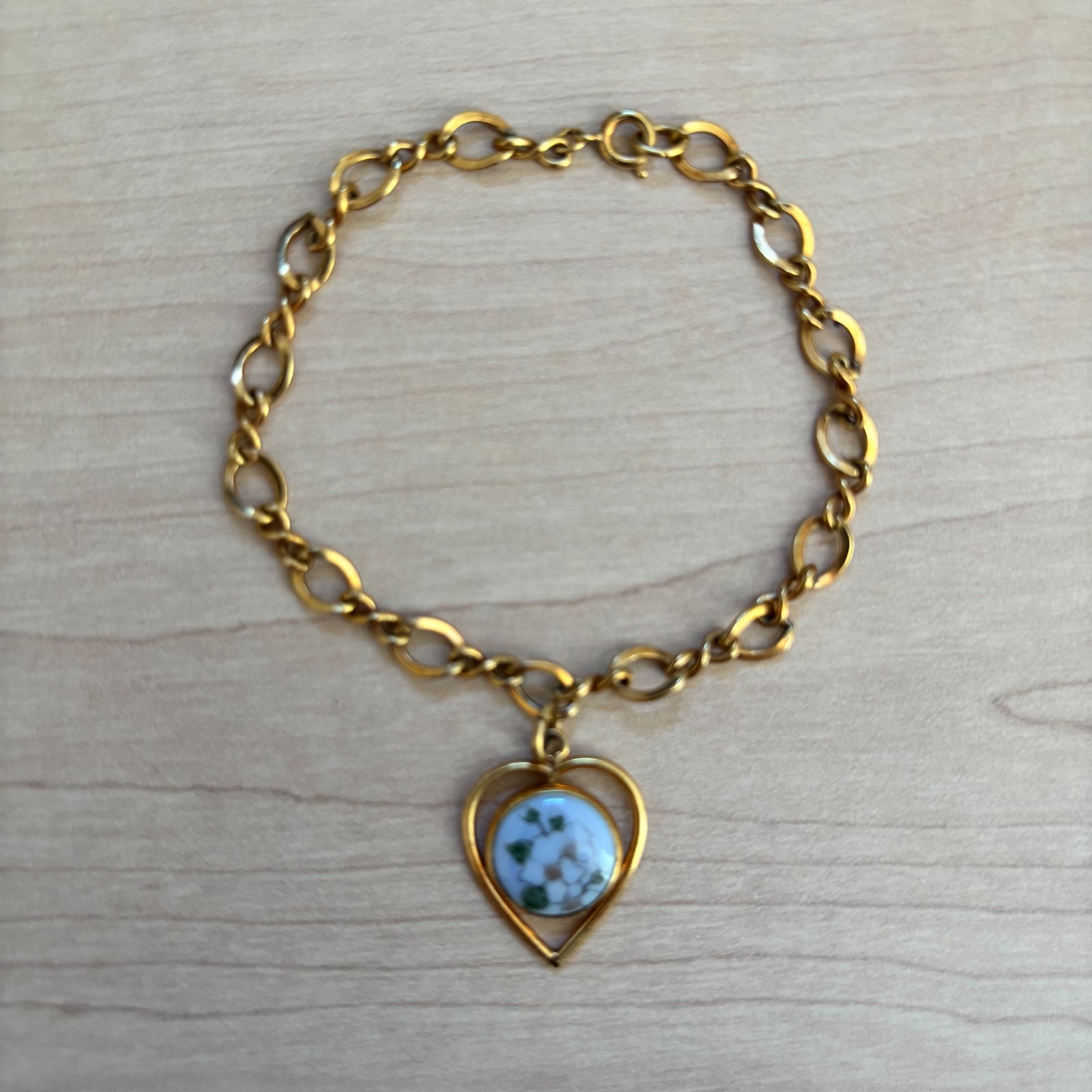 B&G Denmark Porcelain Flower Heart Charm Bracelet Gold Tone Floral