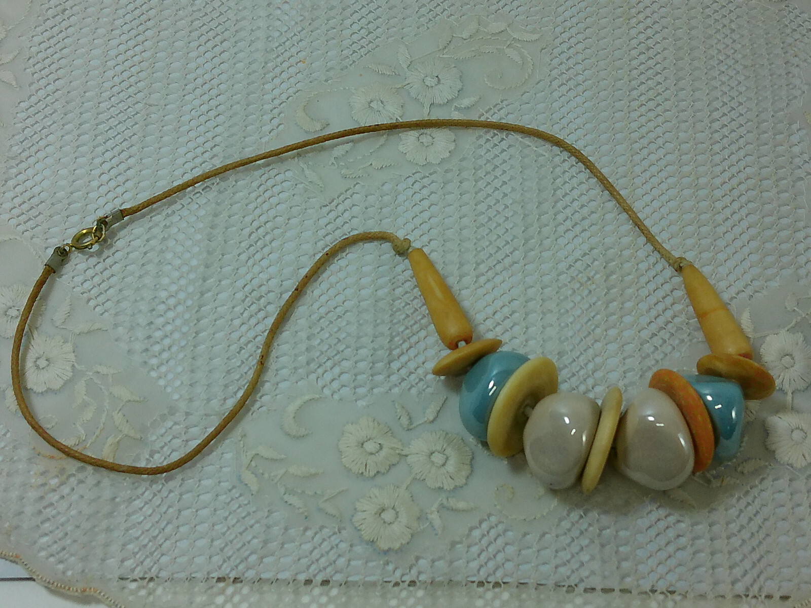 Vtg Chunky Shiny Glazed Ceramic Nut Disk Seed Beaded Cord 23″ Bohemian Necklace