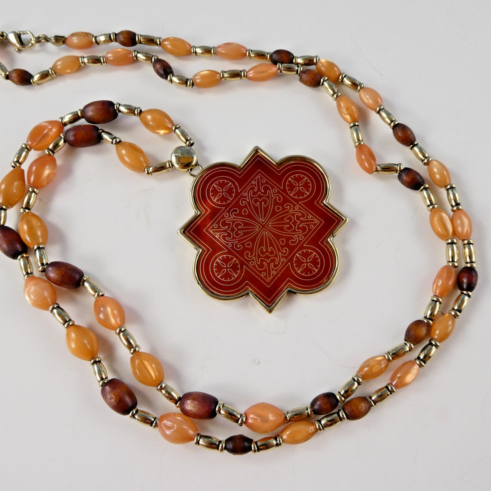 Pretty MONET Fancy Beaded Pendant Necklace Gold Tone 30″ Peach Brown Colors