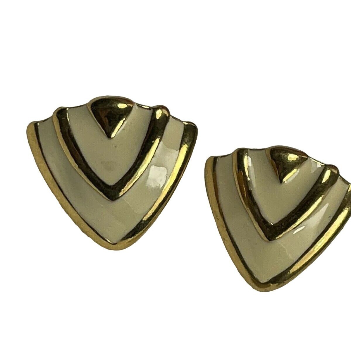 FABULOUS Off White Enamel And Gold Tone MODERNIST Triangular DESIGNER EARRINGS
