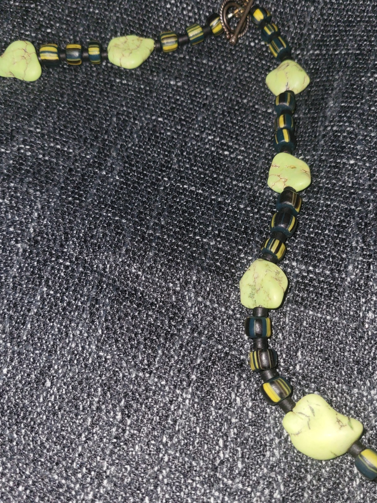 ​Vintage Global Folk Art Beaded Necklace, Green Stone & Striped Glass Beads