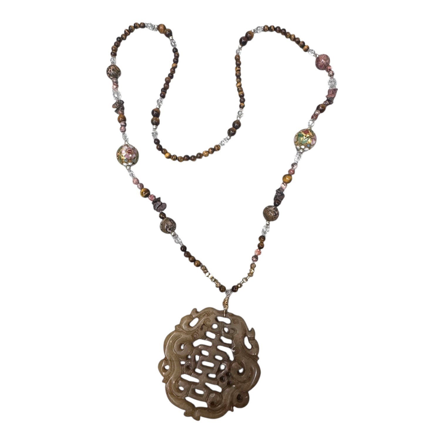 Vintage Large Carved Jade Pendant Necklace Tiger Eye Agate & Cloisonne Beads 26″