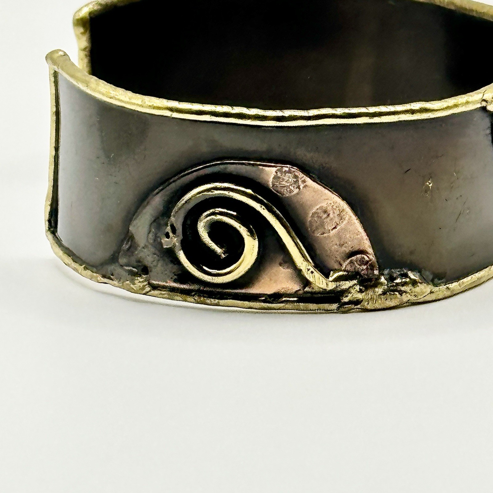 Vintage Brutalist Mixed Metals Cuff Bracelet Brass Copper Modernist Adjustable