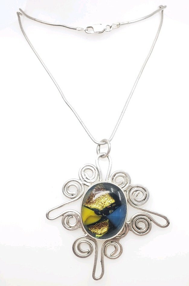 Fine Vintage Sterling Silver Foil Art Glass Abstract Modernist Necklace Murano?