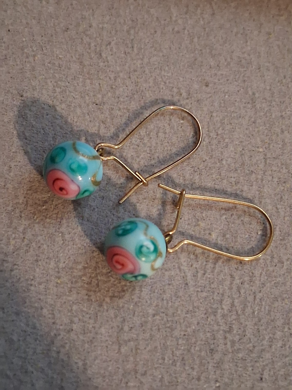 Turquoise blue lampwork bead dangle drop earrings w/pink flower, gold-plate earw